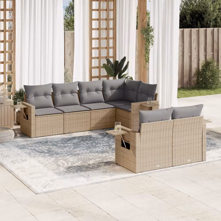 Set di divani da giardino vidaXL in polyrattan beige con cuscini e tavolino da esterno a forma di L