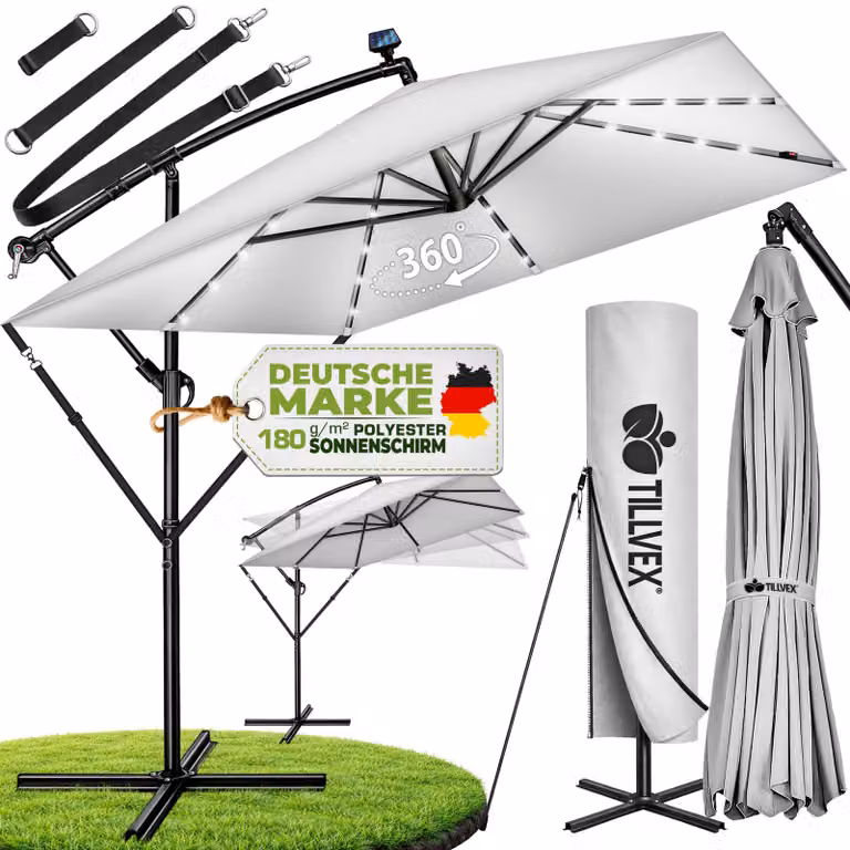 tillvex® Parasole rettangolare in alluminio, diametro 330 cm, con LED solari, colore grigio + copertura con manovella | Parasole a gondola con supporto | Parasole da giardino, protezione UV, impermeabile, rotazione a 360° | Parasole con manovella, tipo me
