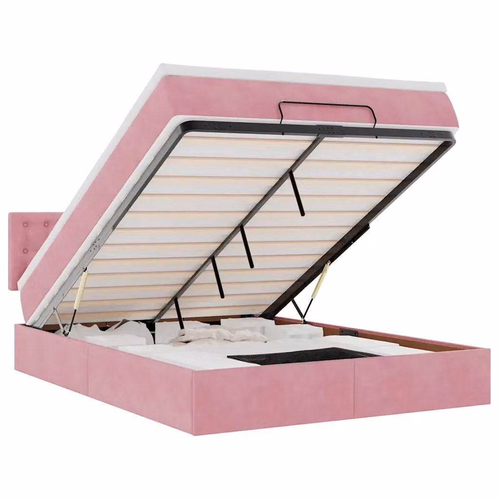 Letto con contenitore a sollevamento vidaXL in velluto rosa e bianco con materasso L 140 x P 200 cm – 2