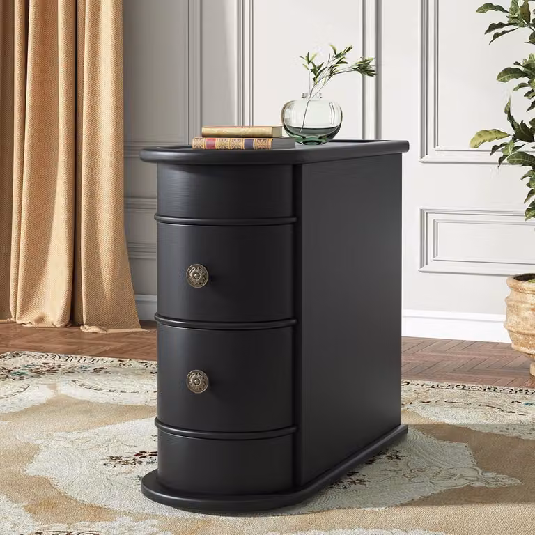 Tavolino laterale in legno massello, con 2 cassetti, colore nero, dimensioni 60 x 27,4 x 60 cm