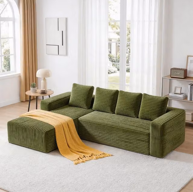 Divano modulare angolare con chaise longue reversibile; 261 x 168 x 58 cm; velluto a coste verde