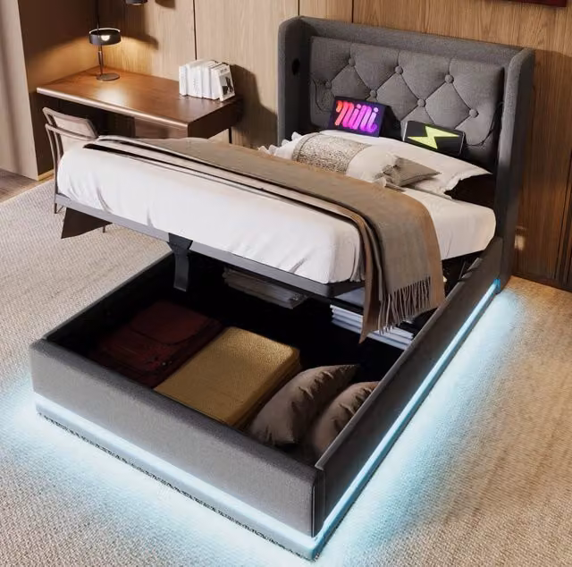 Letto contenitore imbottito ULEVR 90x200 cm con LED, USB e Type-C, struttura in acciaio e rivestimento grigio in cotone