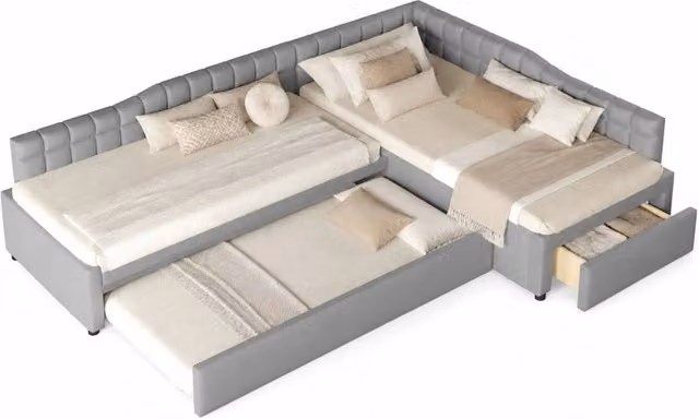 Letto estraibile moderno in tessuto grigio con cassetti e testiera imbottita, L/P/H: 295.5 x 150 x 95.5 cm