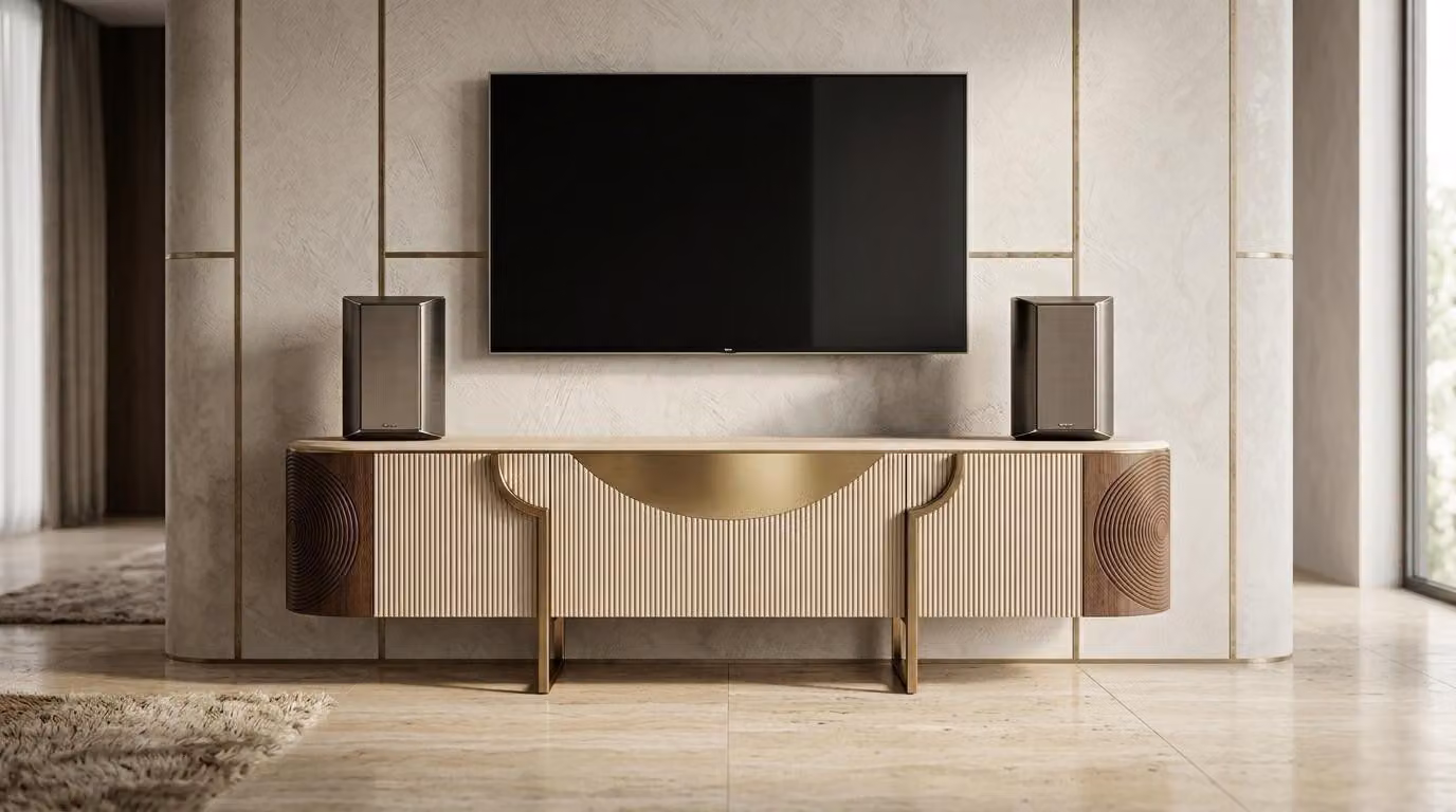 Mobile TV moderno a basso profilo con frontale decorativo a coste