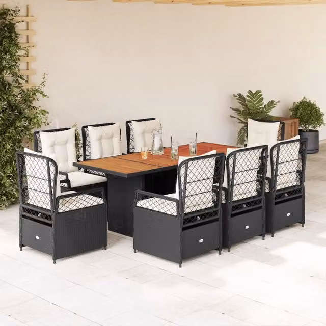 Set da Pranzo da Giardino 9 pz con Cuscini Nero in Polyrattan 3262925