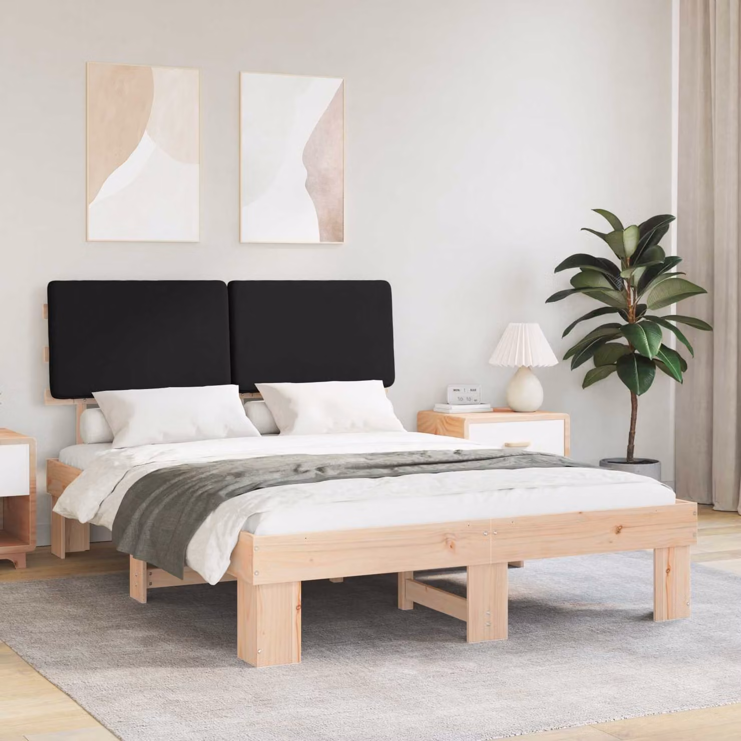 Letto moderno vidaXL con testiera rivestita in nero e pino massello L/P/H: 160 x 200 cm – 1