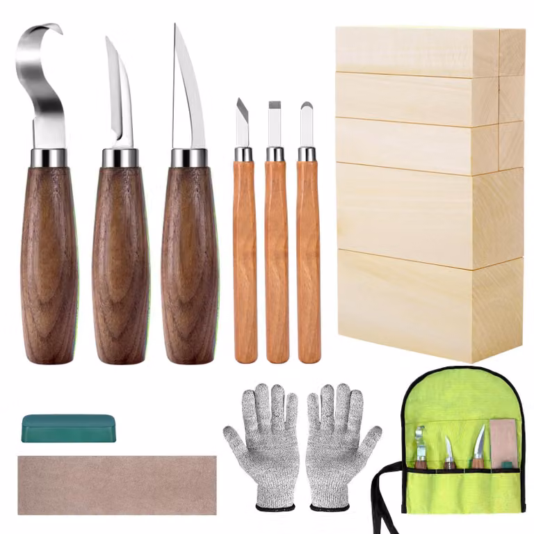 Kit per intaglio del legno per principianti, completo di 8 blocchi di legno di tiglio e 6 utensili da taglio