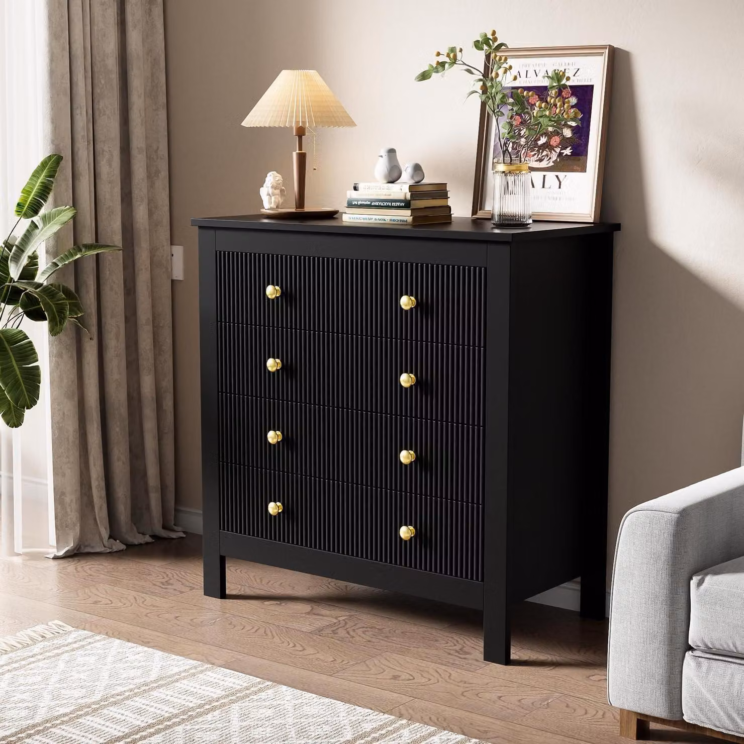 Mobile contenitore con 5 cassetti, finitura lucida nera, dimensioni 79x80,5x39,5 cm