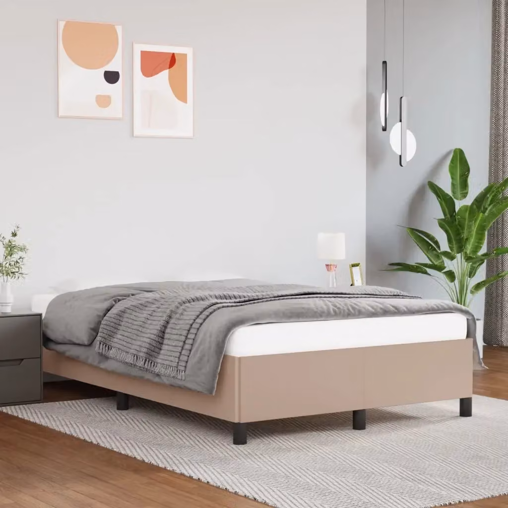 Letto matrimoniale moderno in similpelle beige con struttura in legno e doghe, L/P/H: 120 x 200 x 35 cm – 2