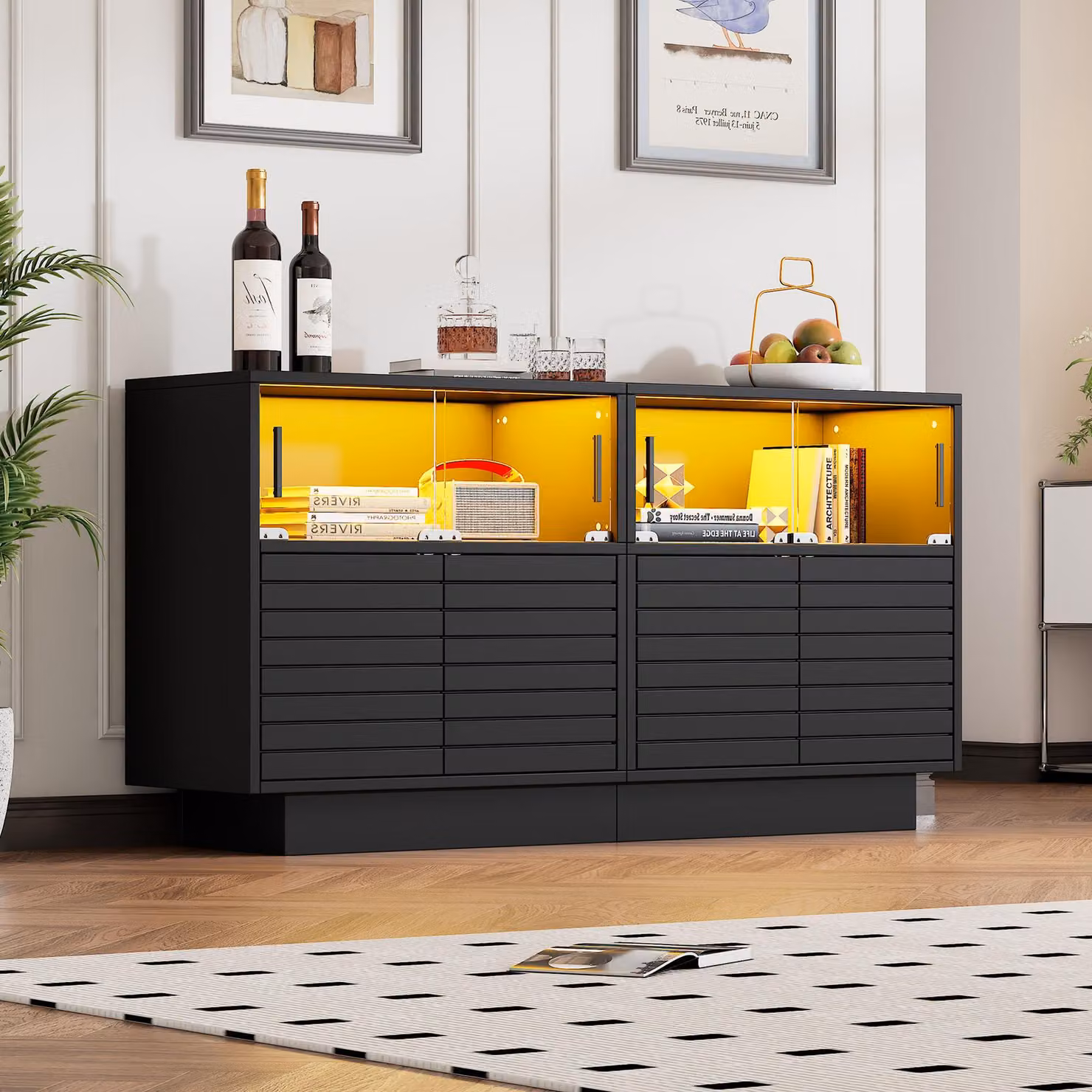Credenza Merax LED 130 cm con ante scorrevoli in vetro, vetrina con vano portaoggetti, cassettiera scaffale da soggiorno, nero opaco, design moderno, illuminazione LED