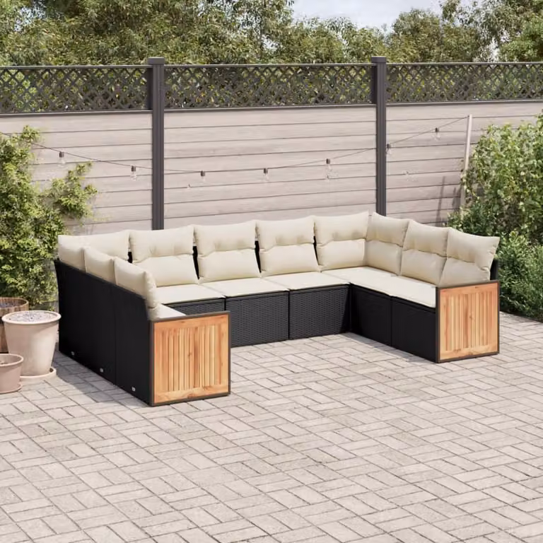 vidaXL Set Divani da Giardino a L 9 pz con Cuscini, Polyrattan e Acciaio, Nero e Bianco