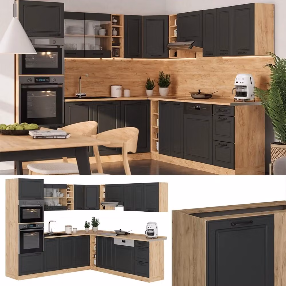 Cucina angolare completa R-Line Vicco in antracite e rovere dorato, L/P/H: 247 x 237 x 60 cm – 2