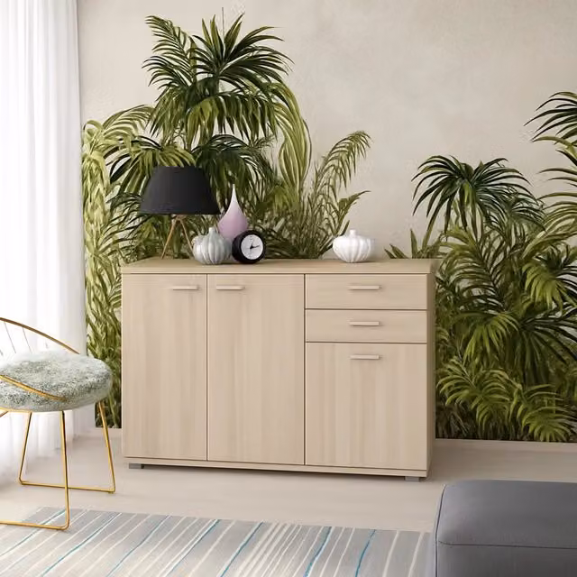 Madia Meldola DMORA, Credenza moderna con 2 cassetti in rovere marrone e beige, L: 103 cm, P: 34 cm, H: 74 cm