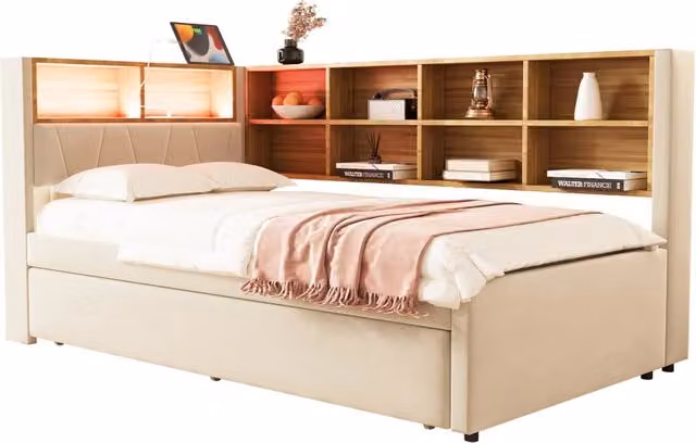 Letto divano beige con letto estraibile, illuminazione LED e porte USB/Tipo C, L/P/H: 90 x 200 x 103 cm