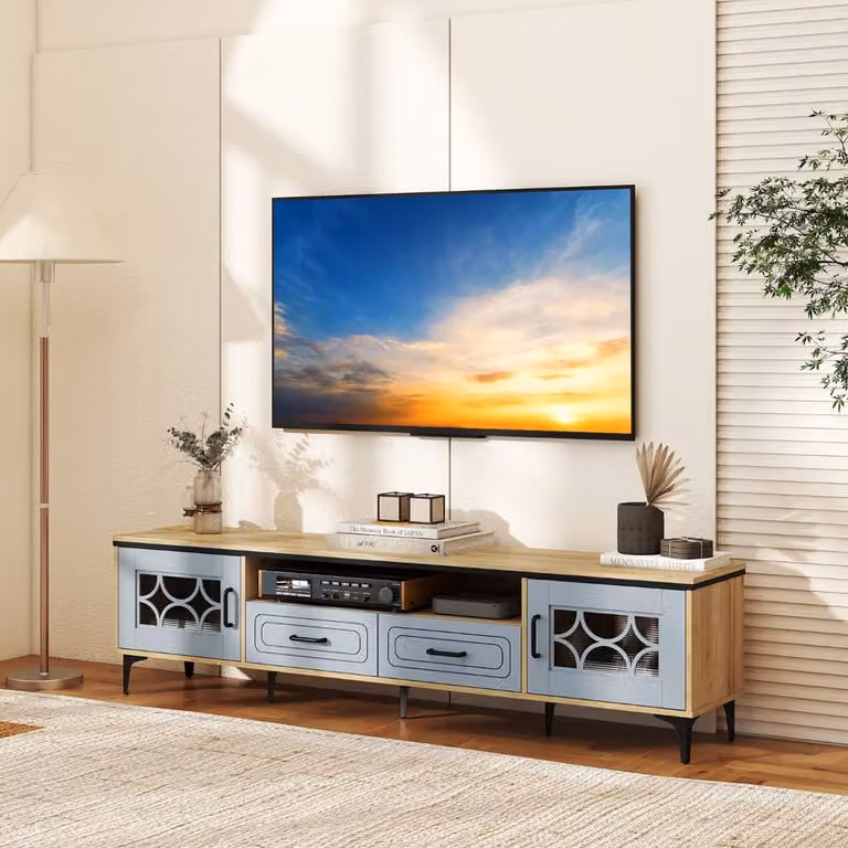 Mobile TV Costway in legno blu per televisori fino a 80 pollici, consolle media moderna per soggiorno con larghezza: 180,5 cm