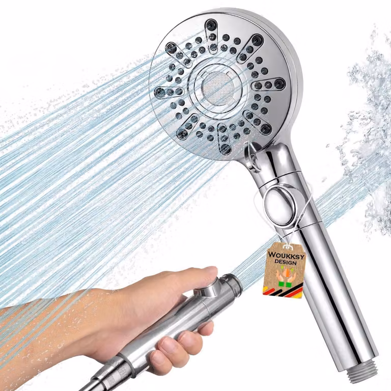 Doccia con 5 tipi di getto, a risparmio idrico, soffione manuale, colore argento, diametro 100 mm