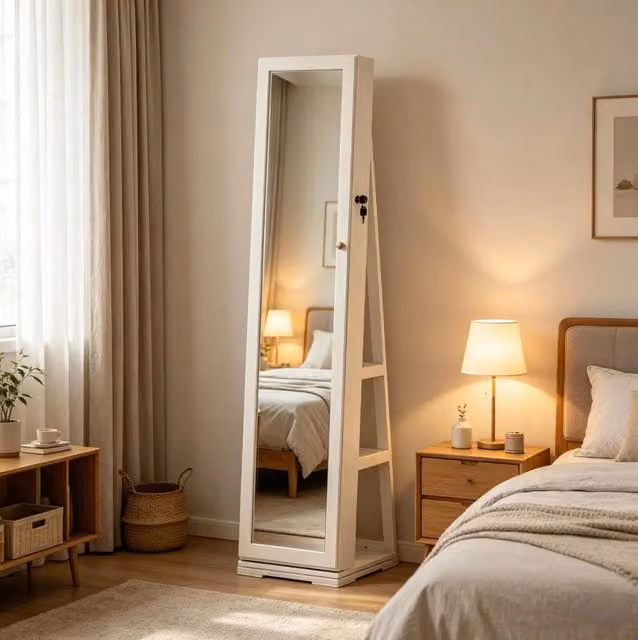 Specchio portagioie girevole ULEVR 38x38x160 cm con armadio richiudibile, serratura e contenitore, bianco