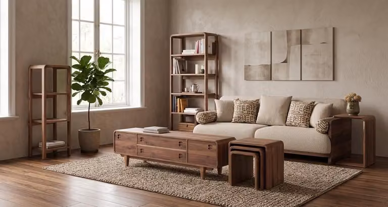 Divano a 3 posti, 3 tavolini, mobile TV, 2 librerie, stile moderno, colore marrone