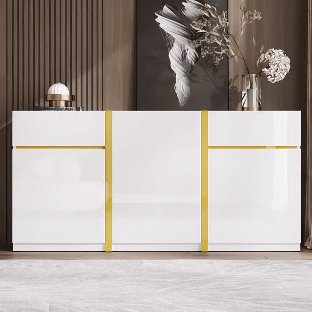 Credenza Bianca Lucida Madia Moderna 160 cm con 3 Ante 2 Cassetti e Dettagli Oro per Soggiorno