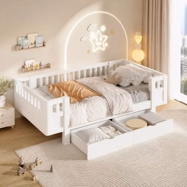 Letto Mivray con cassetti e barriera perimetrale in MDF e pino bianco L/P/H: 200 x 90 x 60 cm