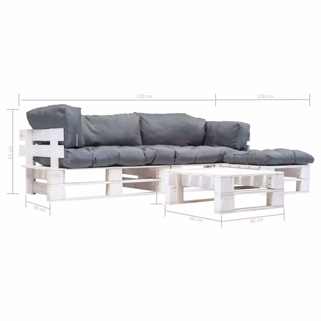 Set da giardino a forma di L vidaXL in legno di pino con cuscini grigi e bianchi e tavolino da esterno – 2