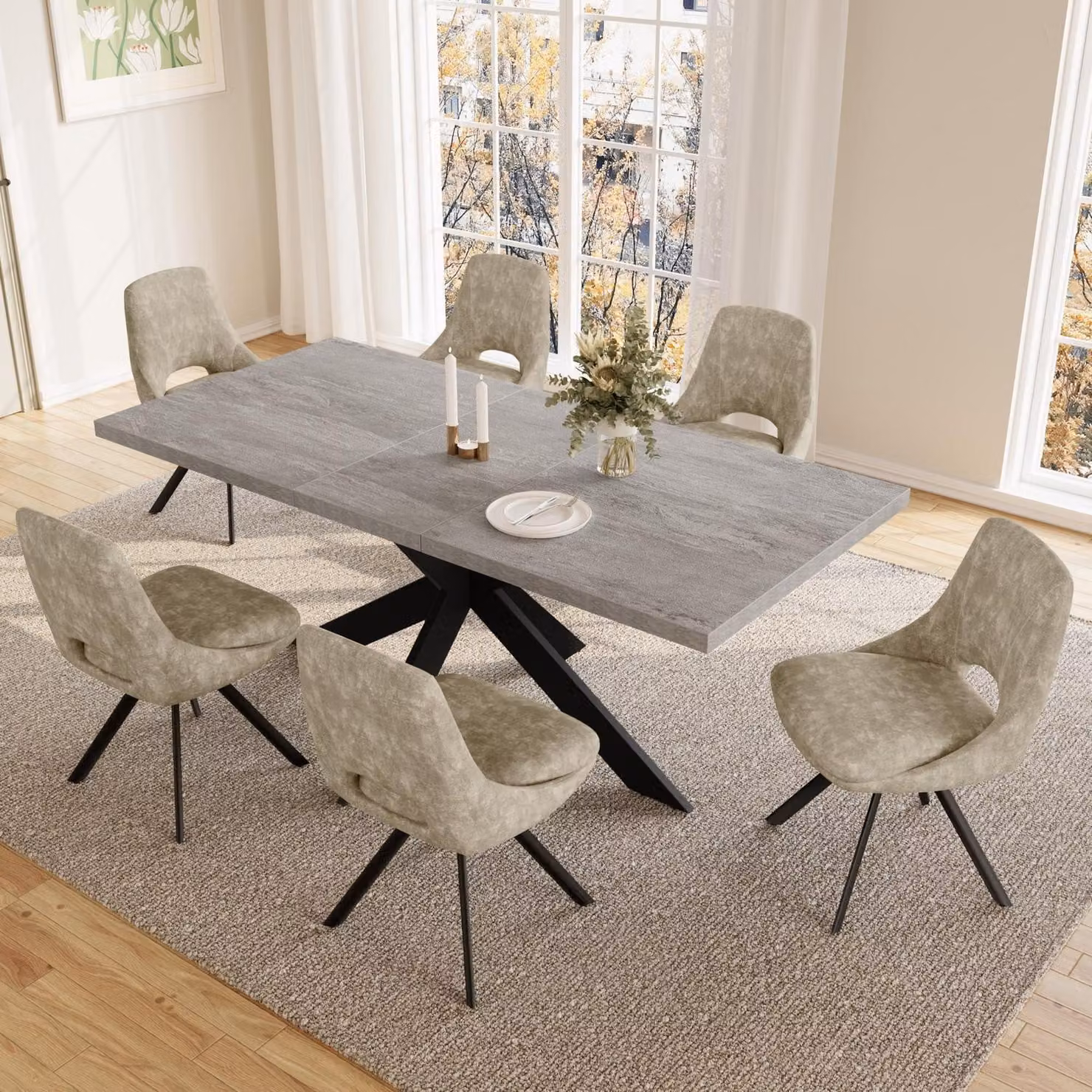 Tavolo allungabile con 6 sedie, struttura in MDF, colore grigio e marrone chiaro, dimensioni 130-170 cm