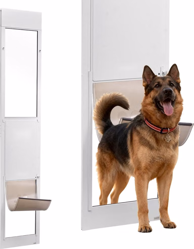 Porta per cani Porta per animali domestici per porte scorrevoli in vetro - Inserto per porte scorrevoli - Regolabile in altezza da 231,1 a 243,9 cm - Telaio in alluminio - Chiusura con serratura - Dimensioni della porta 34,6 x 60 cm - Bianco