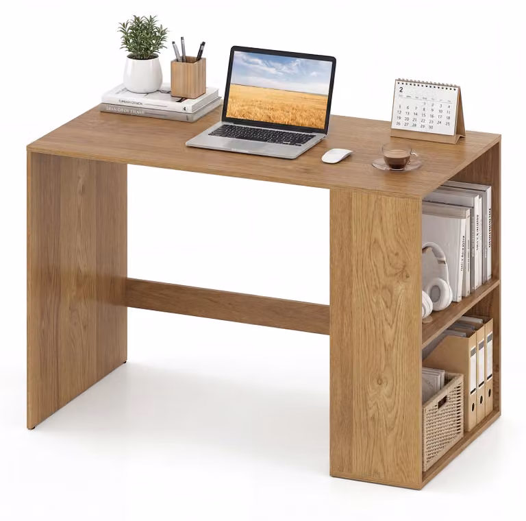 Scrivania COSTWAY con vano portaoggetti, scrivania per computer con 2 mensole laterali aperte, scrivania da ufficio con ampio piano di lavoro, scrivania per PC salvaspazio, 112x60x75 cm