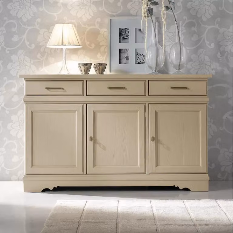 Madia credenza moderna Mobili 2G in legno massello con 3 ante colore avorio opaco L: 155 cm, P: 52 cm, H: 94 cm