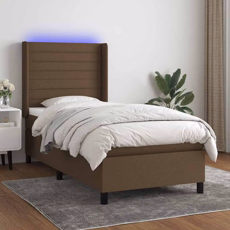 Letto a molle con testiera in tessuto e illuminazione LED con porta USB vidaXL, marrone, 90 x 200 cm