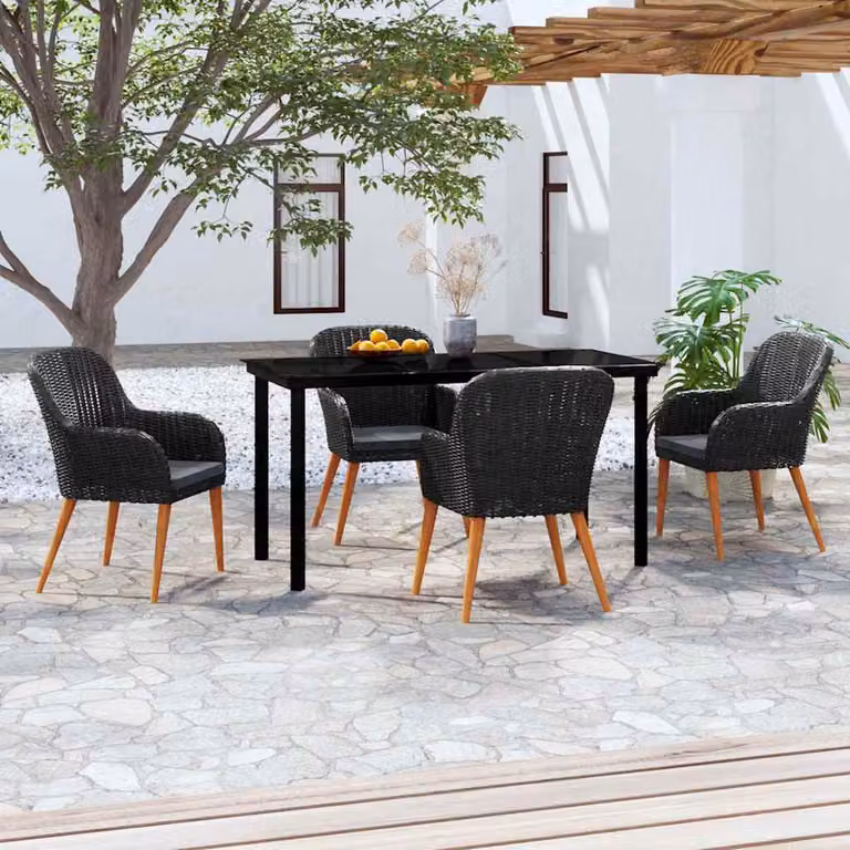 Set da pranzo da giardino vidaXL in polyrattan e legno di acacia con cuscini, tavolo rettangolare in vetro e 5 sedie, nero e grigio