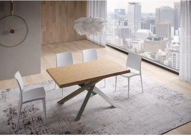 Tavolo allungabile moderno ITAMOBY in legno di rovere con bordo live edge e telaio a X, L/P/H: 160-260 x 90 x 75 cm, multicolore