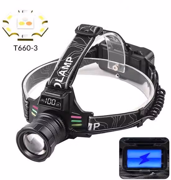 Lampada frontale digitale a fascio lungo, ricaricabile tramite USB, per la pesca notturna, luce bianca, blu e gialla, sensore, per uso esterno, compatta, resistente all'acqua