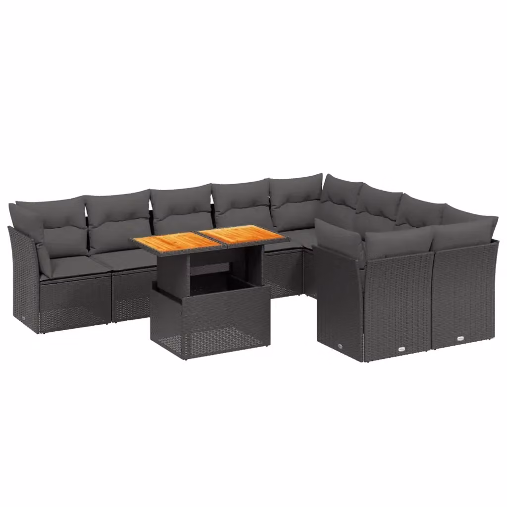vidaXL Set Divani da Giardino 10 Pezzi in Polyrattan Nero con Cuscini e Tavolino da Esterno – 2