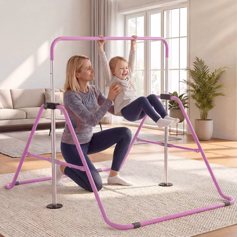 Barra ginnastica pieghevole Costway per bambini con base antiscivolo e altezza regolabile, colore viola