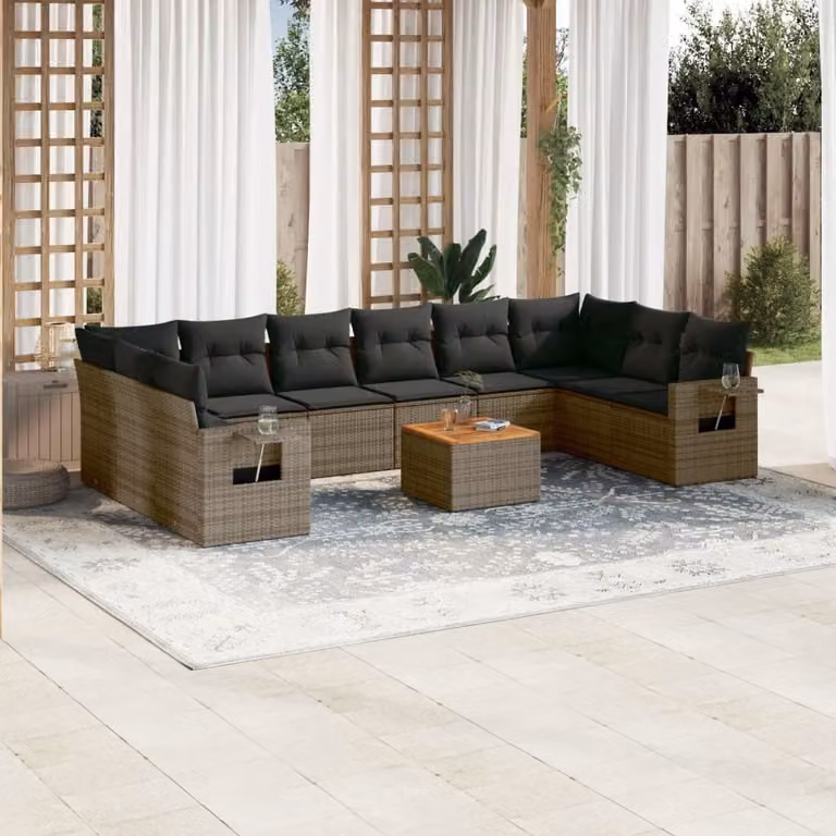 vidaXL Set Divani da Giardino 11 pz in Polyrattan Grigio con Cuscini e Tavolino da Esterno