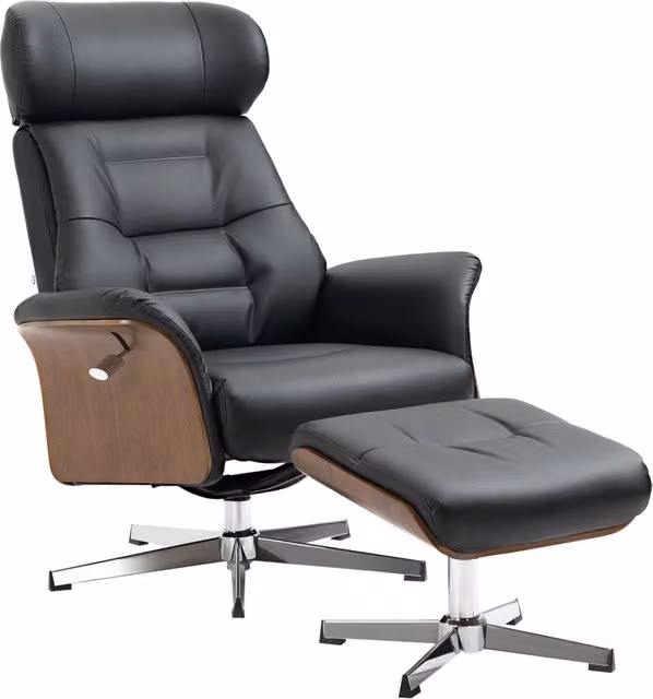 Poltrona reclinabile con poggiapiedi e funzione reclinabile, poltrona girevole per TV fino a 150 kg, similpelle nera per comfort e relax.