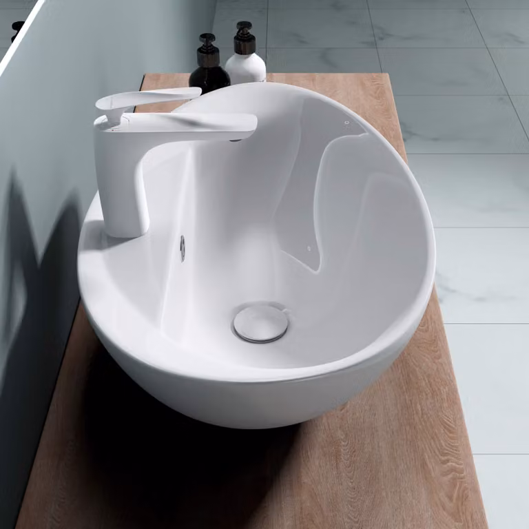 doporro Lavabo da Appoggio in Vetroceramica Bianco Lucido, Lavandino Bagno Moderno con Foro Rubinetto e Rivestimento Nano 59x39x21 cm Brš¹ssel302