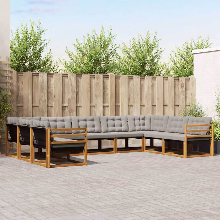 vidaXL Set di divani da esterno a forma di U composto da 9 pezzi in legno di acacia e tessuto textilene, colore grigio