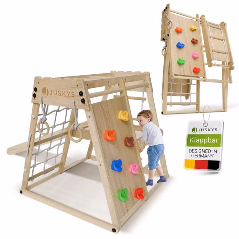 Mini struttura di arrampicata per bambini Juskys - scivolo, parete di arrampicata e anelli ginnici - natura