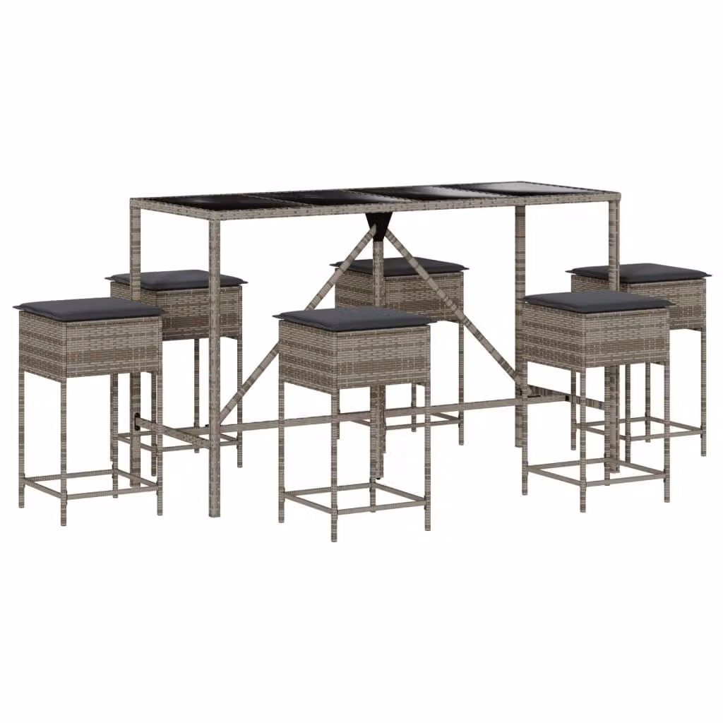 Set Bar da Giardino 7 pz con Cuscini in Polyrattan Grigio