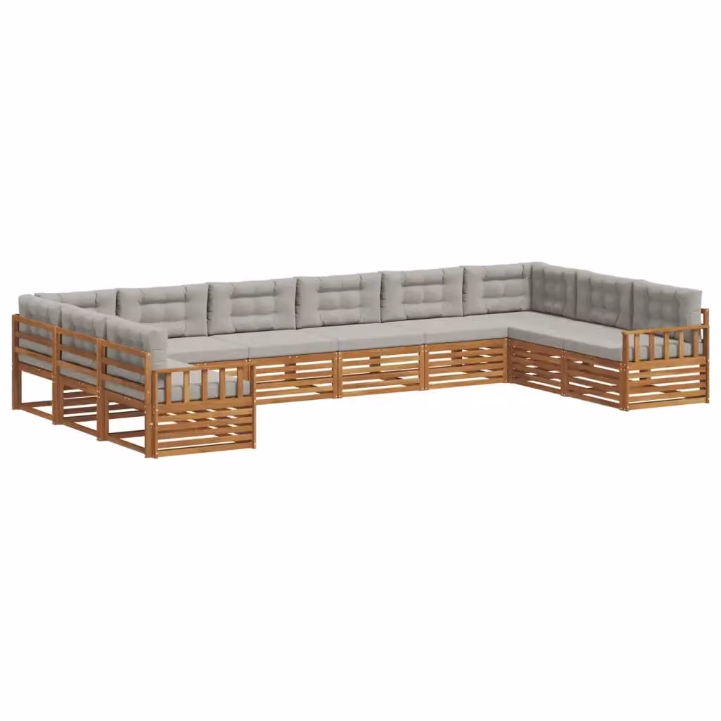 Set di divani da giardino a L con struttura in legno di acacia e cuscini grigi vidaXL – 2