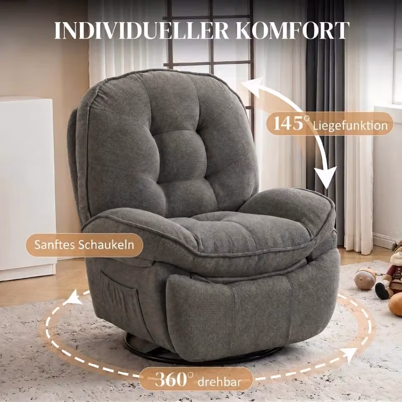 Poltrona Relax REDOM girevole e reclinabile con funzione dondolo, grigio chiaro – 2