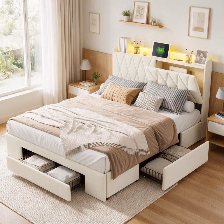 Letto imbottito INONEFT, 160x200 cm, con LED e USB, letto a una piazza o a due piazze con 3 cassetti e spazio contenitivo nella testiera, struttura del letto con rete a doghe, rivestito in velluto color beige