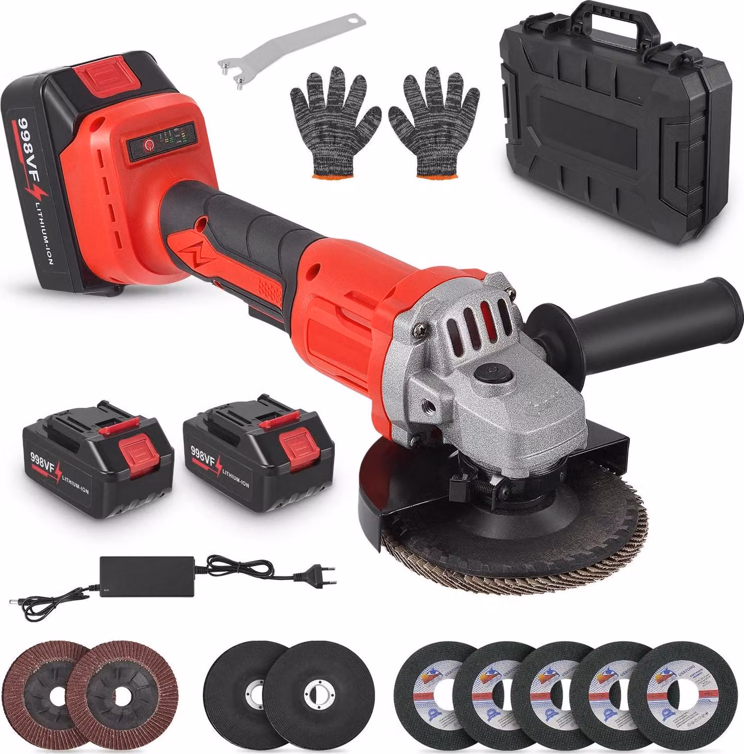Smerigliatrice angolare - Senza spazzole 125 mm - Velocità 13500 giri/min - Carenatura di protezione - Senza batteria - Per batteria da 18 V - Rosso