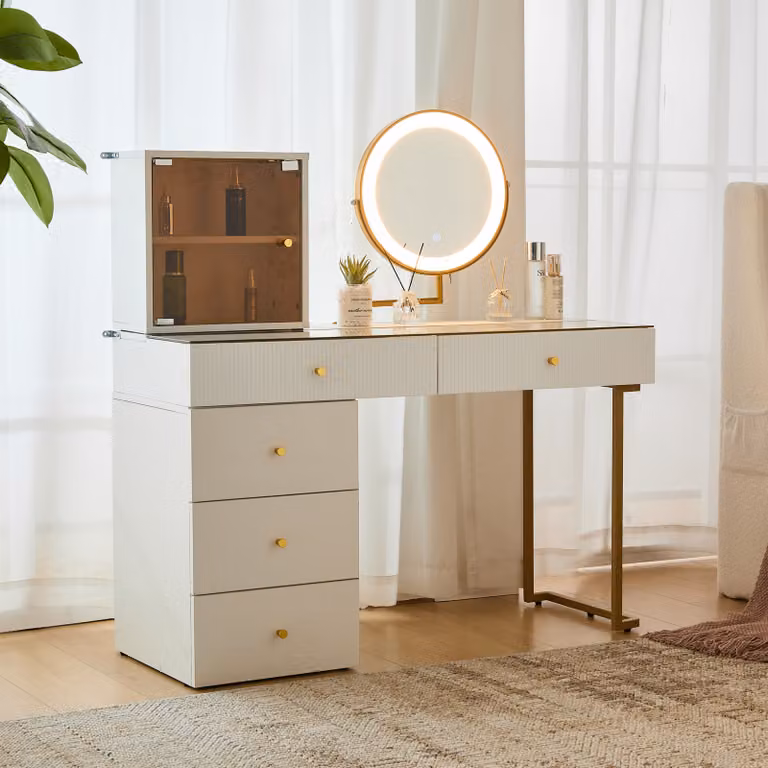 okwish set tavolino da toilette con specchio e illuminazione LED, 120x45x115 cm, piano in vetro temperato (senza sgabello), bianco