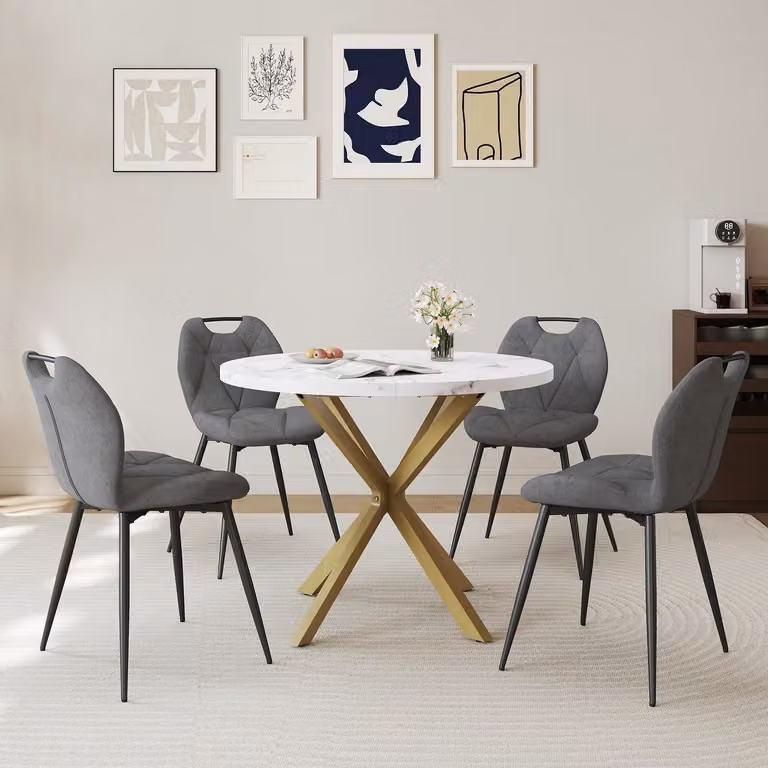 Set da pranzo con tavolo rotondo da 100 cm e 4 sedie imbottite, stile nordico, motivo marmorizzato, colore grigio