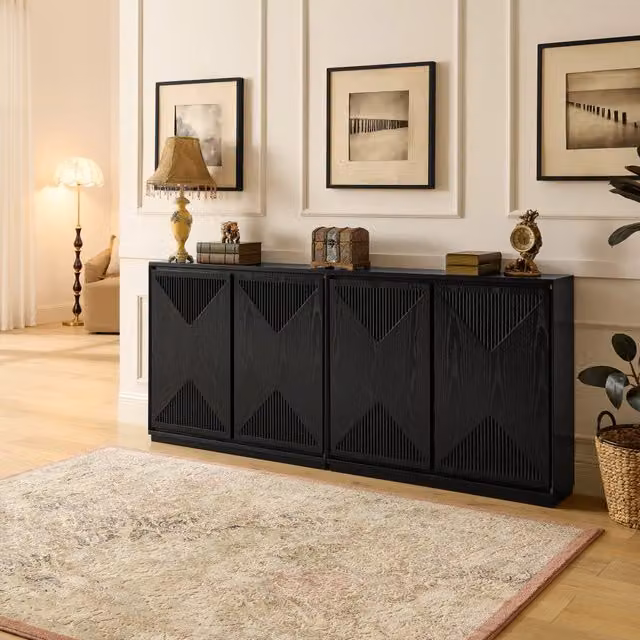 Credenza e madia con ante scanalate a V e passacavi per soggiorno cucina e ingresso in legno massello e MDF nero