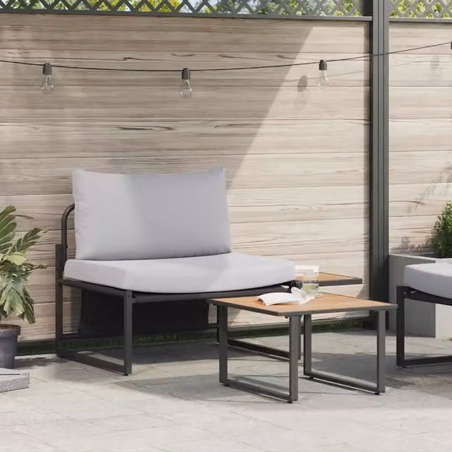 Set da giardino moderno vidaXL composto da divano da esterno a 2 posti e tavolino, colore grigio, con struttura in acciaio verniciato a polvere e cuscini inclusi