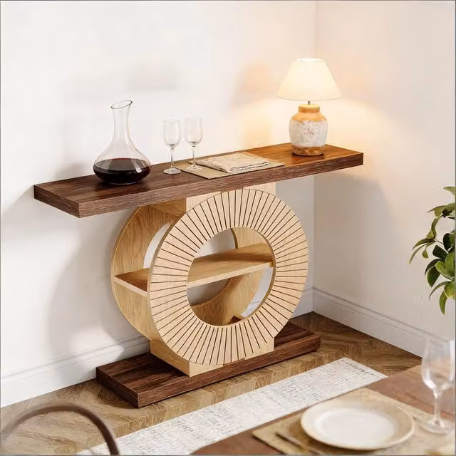 Consolle da ingresso con ripiani e base rotonda in legno marrone stile rustico pannelli spessi 4 cm